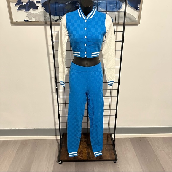 Turquoise Two Piece Knit Varsity Top Jacket High Waisted Knit Leggings Set - Picture 5 of 10